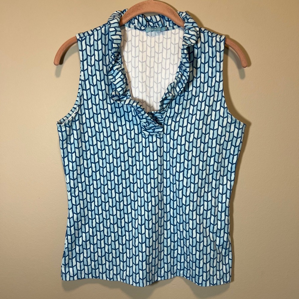 J. McLaughlin Blue White Geometric Ruffle Neck Sleeveless‎ Top Small Golf Resort